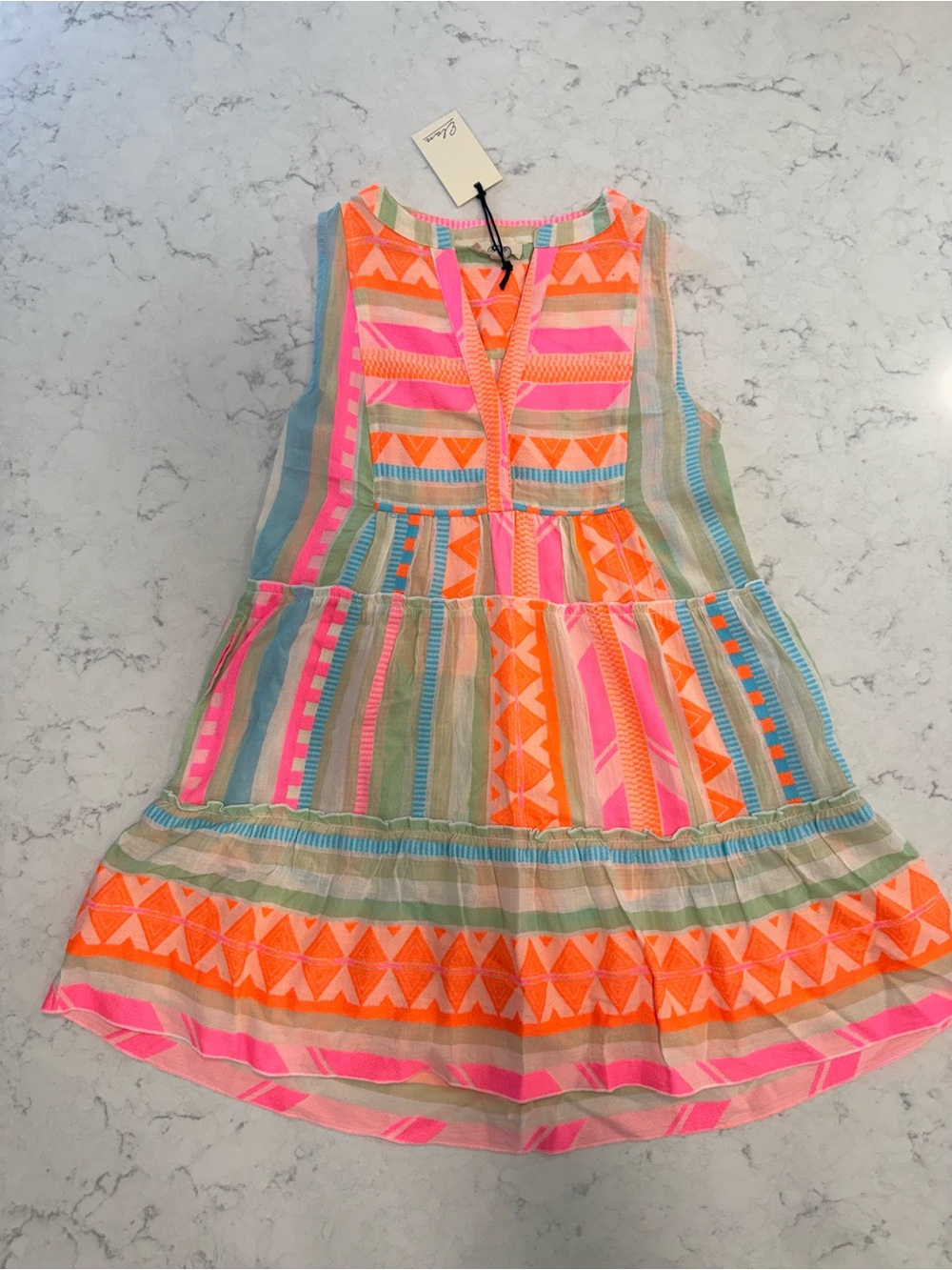 Stunning Pink, Orange & Aqua Geo Stripe Sleeveless women’s Dress, cover-up, NWT